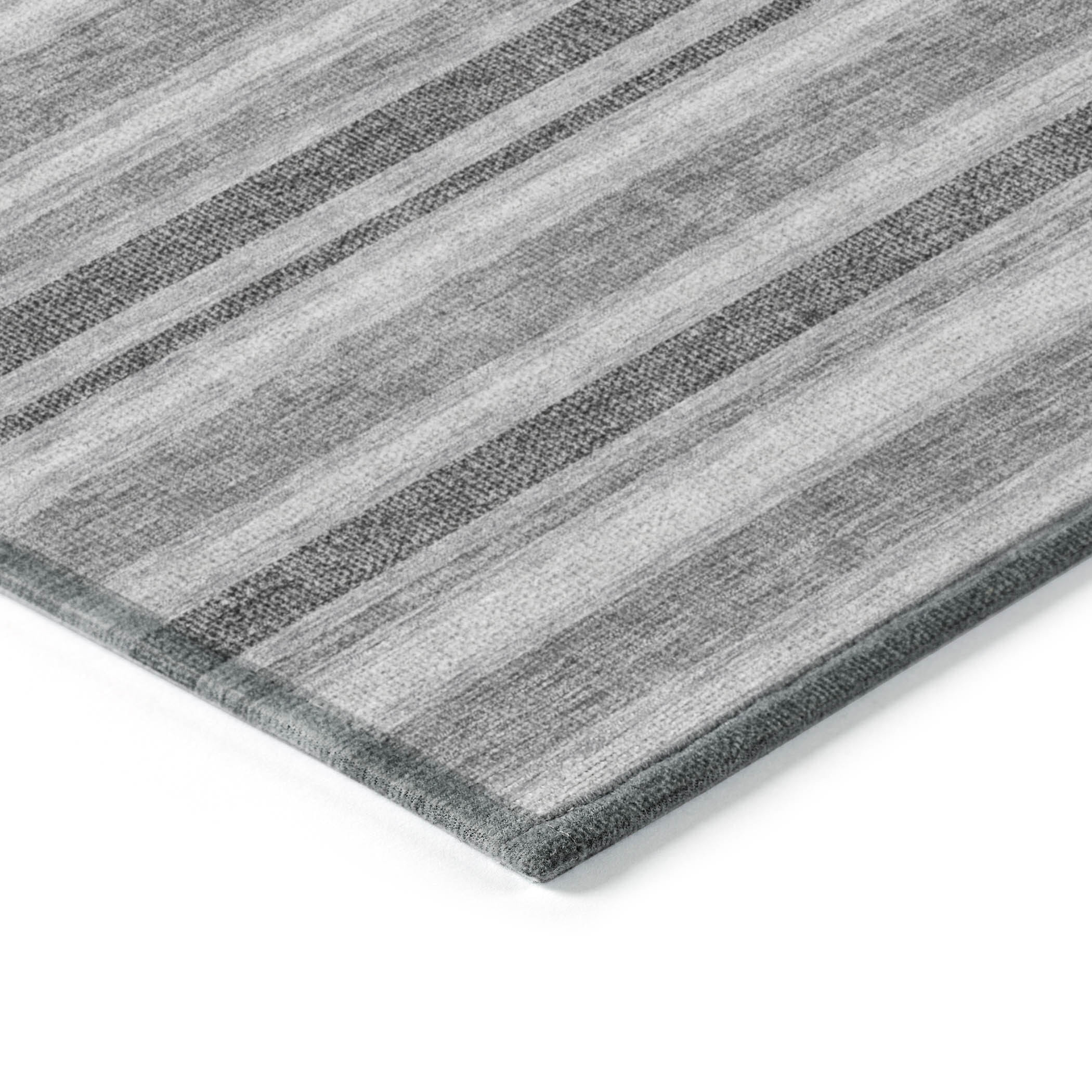 9' X 12' Black Silver and Gray Striped Washable Indoor Outdoor Area Rug