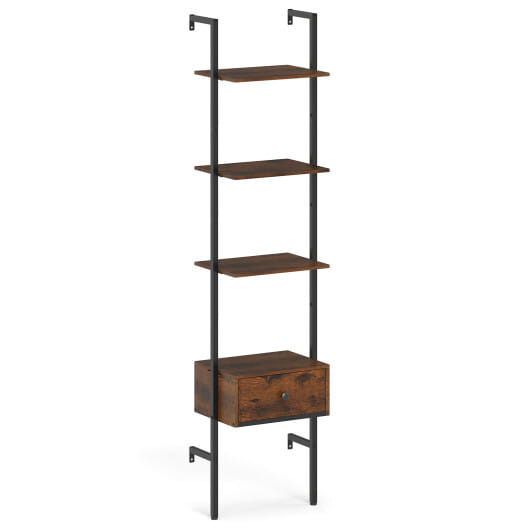5-Tier Ladder Bookcase with Drawer and Metal Frame for Study Home Office-Rustic Brown - Color: Rustic Brown