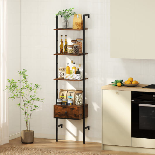 5-Tier Ladder Bookcase with Drawer and Metal Frame for Study Home Office-Rustic Brown - Color: Rustic Brown