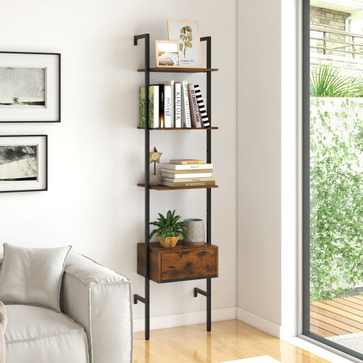 5-Tier Ladder Bookcase with Drawer and Metal Frame for Study Home Office-Rustic Brown - Color: Rustic Brown
