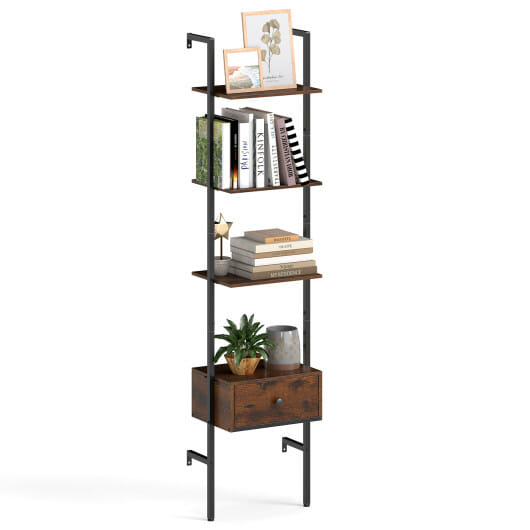 5-Tier Ladder Bookcase with Drawer and Metal Frame for Study Home Office-Rustic Brown - Color: Rustic Brown