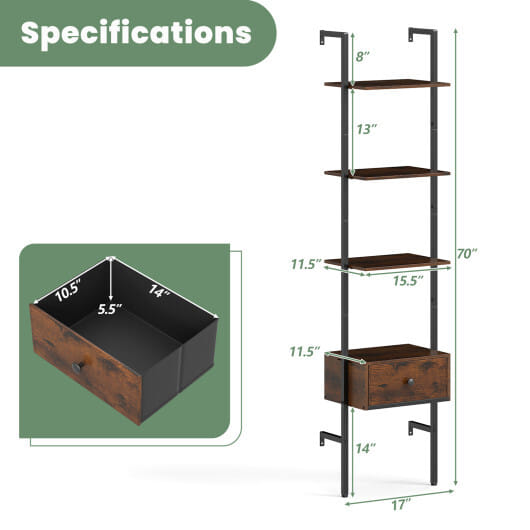 5-Tier Ladder Bookcase with Drawer and Metal Frame for Study Home Office-Rustic Brown - Color: Rustic Brown