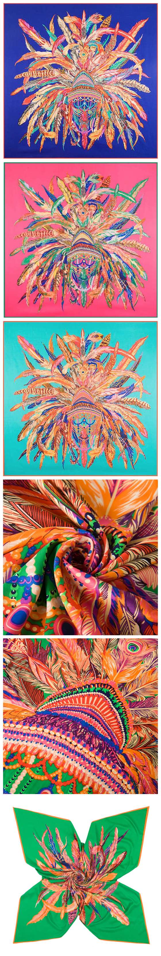 6 Colors Available Feather Crown Design 130*130 cm Artificial Silk Square Women Scarf