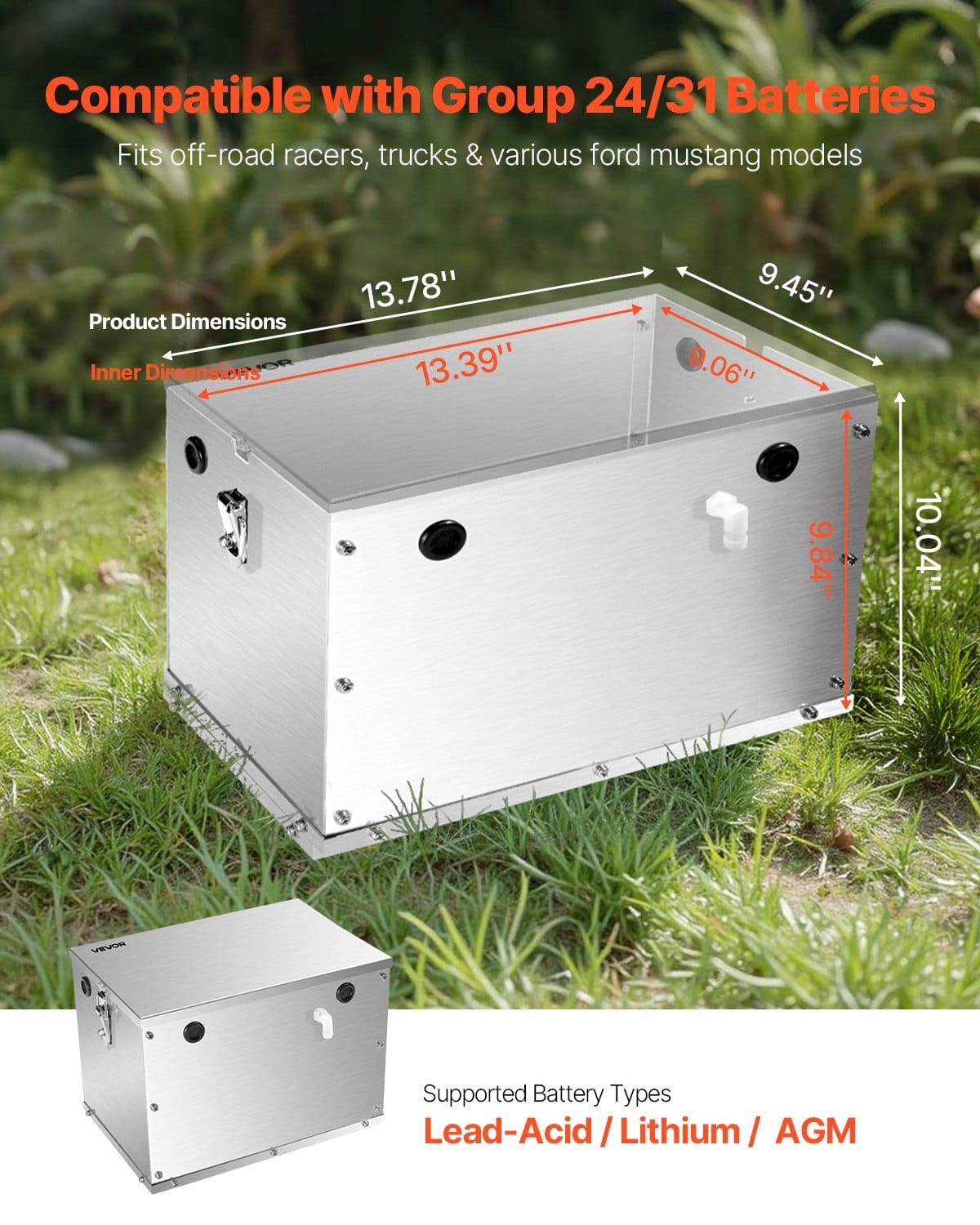 Battery Box, Group 24/31 Trolling Motor Battery Box, Marine Batteries Case with Rubber-Grommet Cable Holes, Aluminum Alloy Shell Storage Case, Easy Installation, for Off-Road Racers, Trucks
