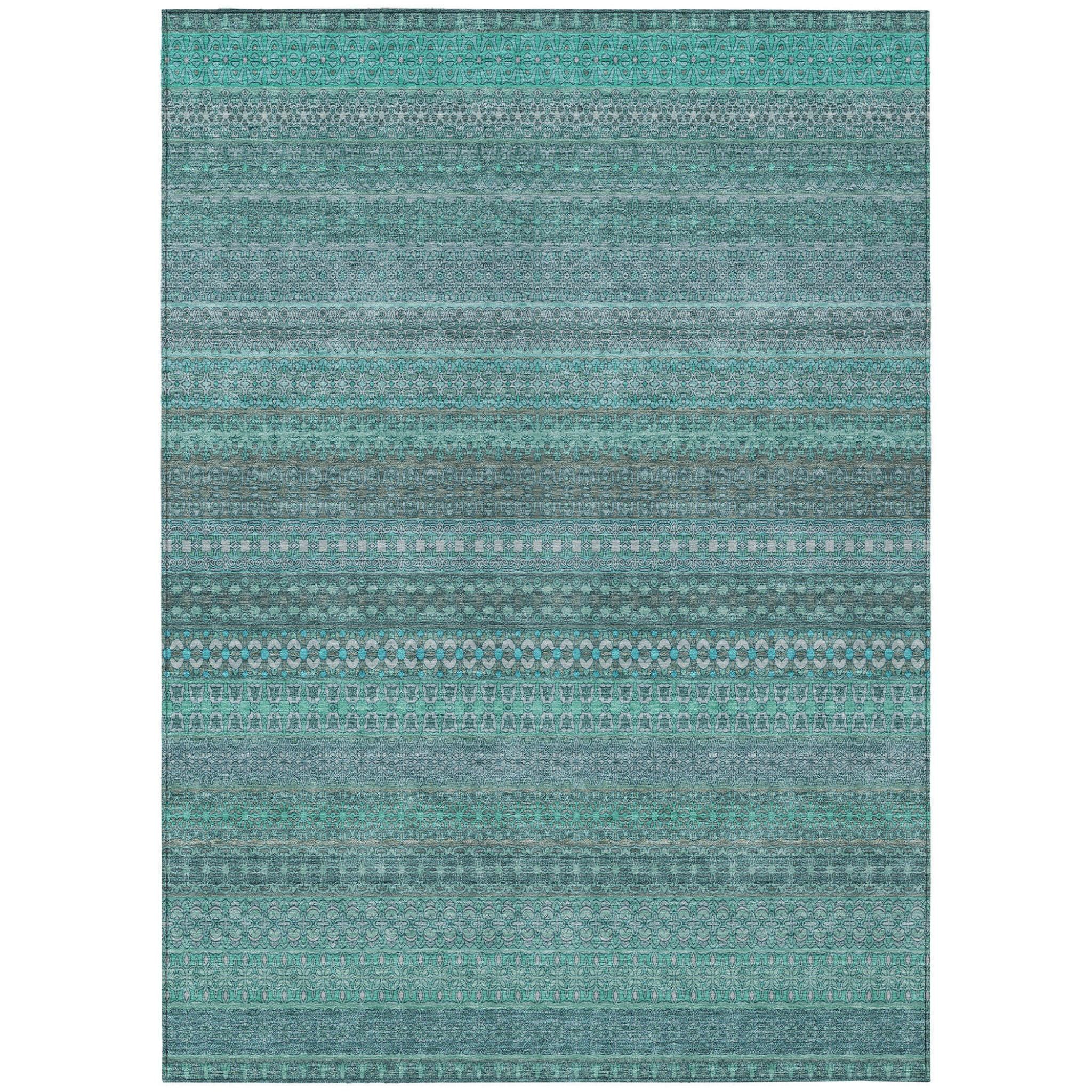 8' X 10' Turquoise Striped Washable Non Skid Indoor Outdoor Area Rug