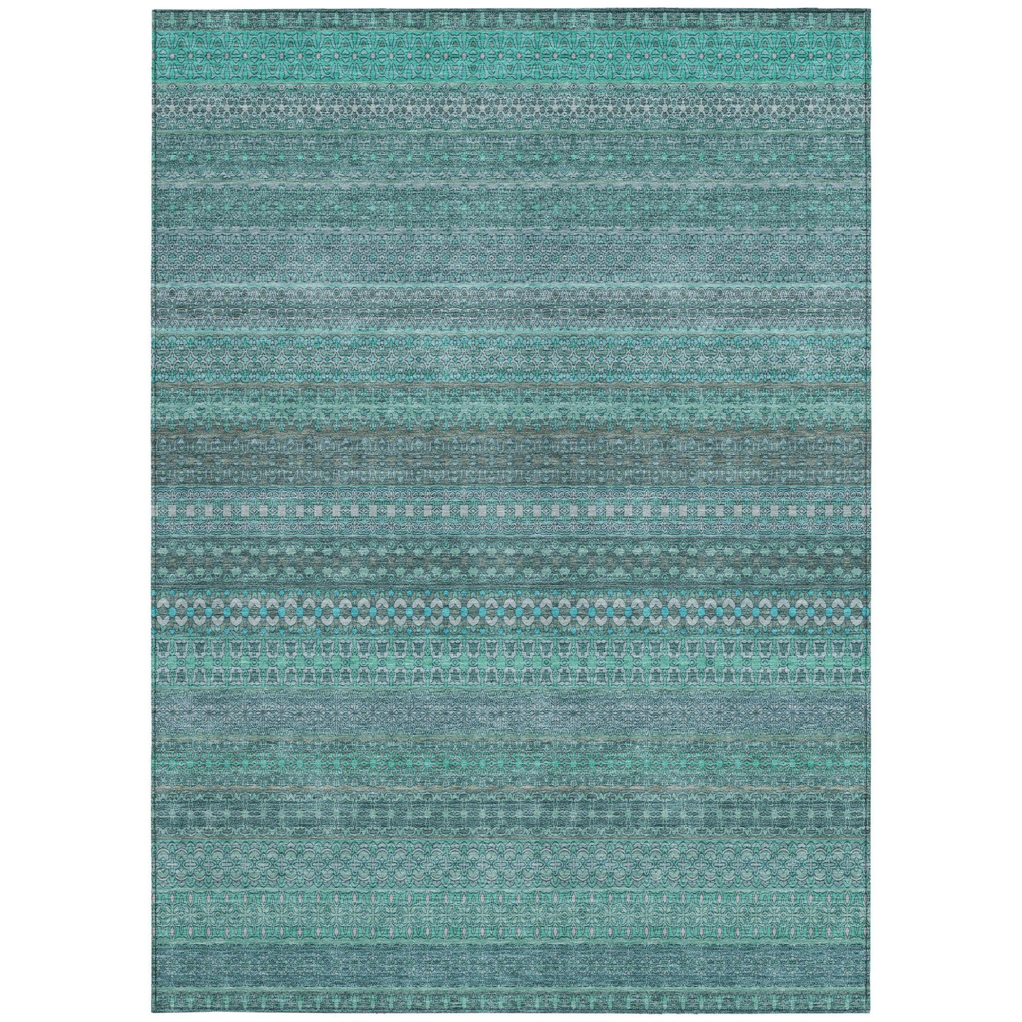 8' X 10' Turquoise Striped Washable Non Skid Indoor Outdoor Area Rug
