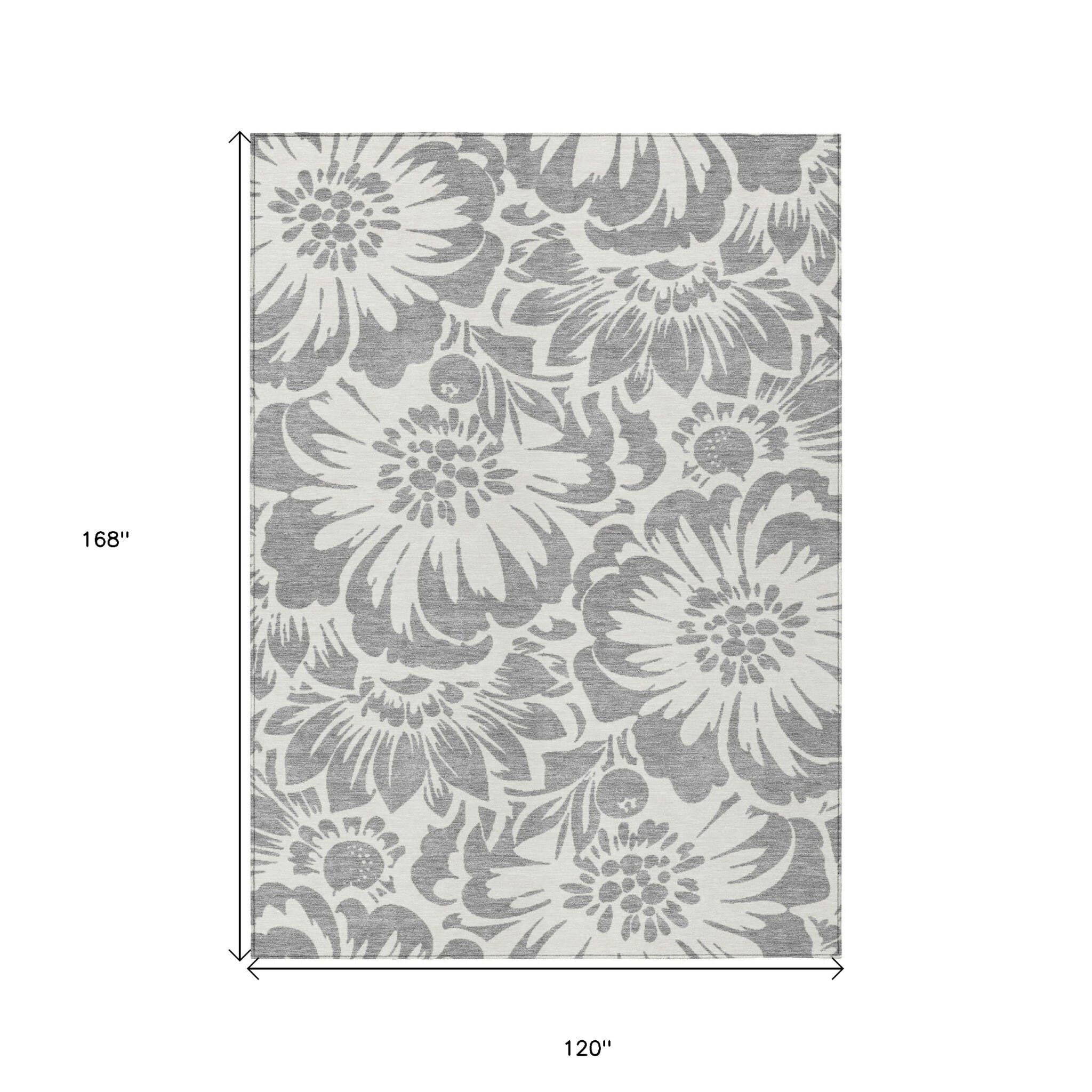 10' X 14' Gray and Ivory Floral Washable Non Skid Indoor Outdoor Area Rug
