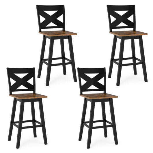 29" Rubberwood Swivel Barstools Set of 4 with Backrest and Large Seat-Black - Color: Black