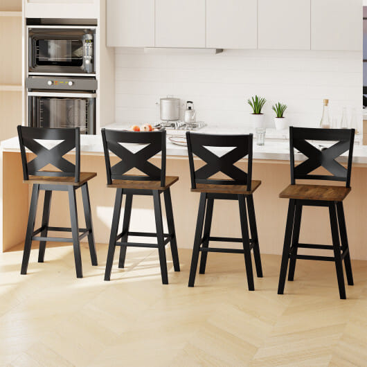 29" Rubberwood Swivel Barstools Set of 4 with Backrest and Large Seat-Black - Color: Black