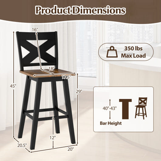 29" Rubberwood Swivel Barstools Set of 4 with Backrest and Large Seat-Black - Color: Black