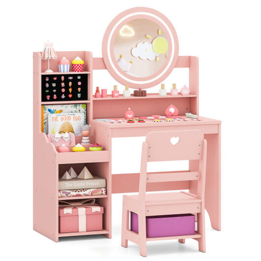 Kids Vanity Desk with Mirror and Lights Princess Pretend Play Dressing Table and Chair Set-Pink - Color: Pink