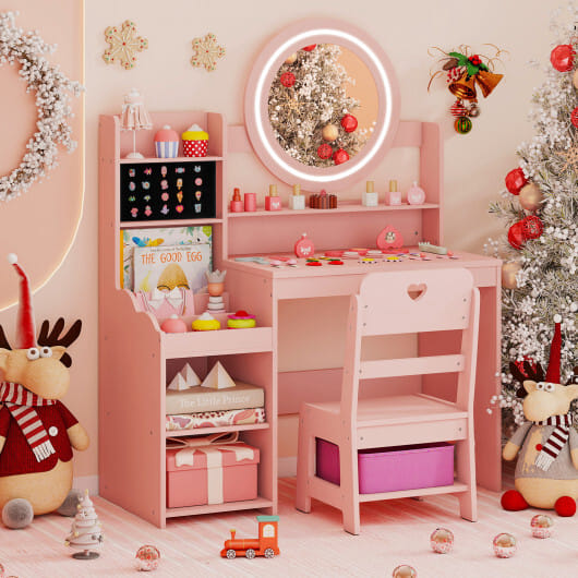 Kids Vanity Desk with Mirror and Lights Princess Pretend Play Dressing Table and Chair Set-Pink - Color: Pink