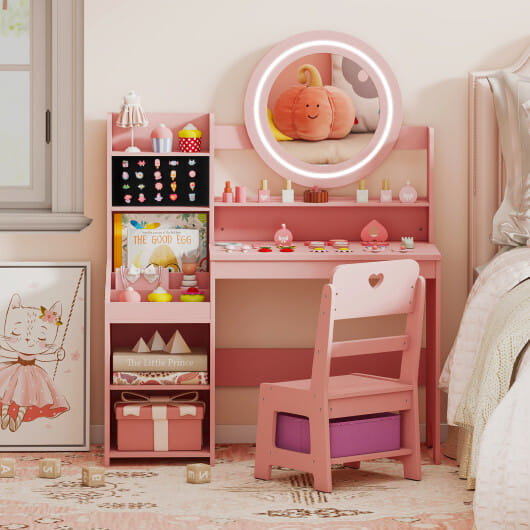 Kids Vanity Desk with Mirror and Lights Princess Pretend Play Dressing Table and Chair Set-Pink - Color: Pink