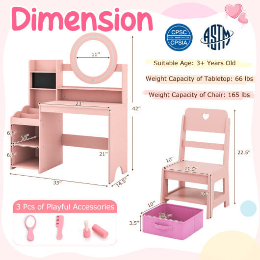 Kids Vanity Desk with Mirror and Lights Princess Pretend Play Dressing Table and Chair Set-Pink - Color: Pink