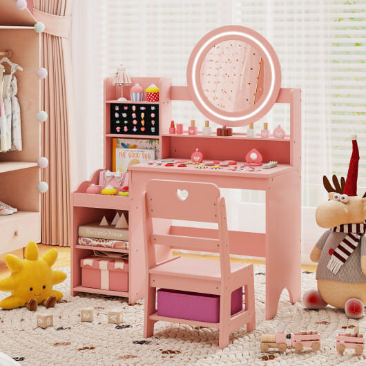 Kids Vanity Desk with Mirror and Lights Princess Pretend Play Dressing Table and Chair Set-Pink - Color: Pink