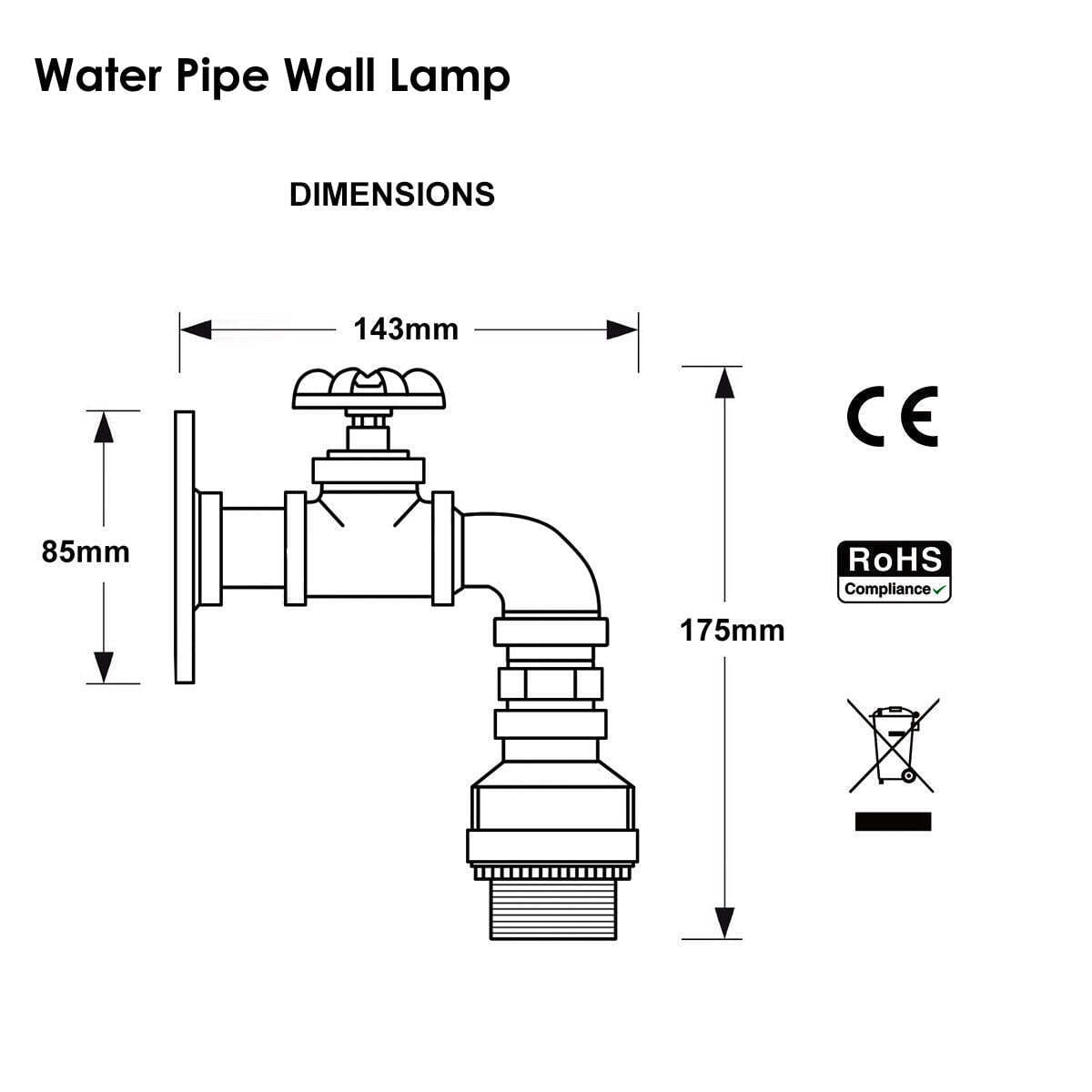 Black Rustic Water Pipe Wall Light Fitting Industrial Sconce~1582