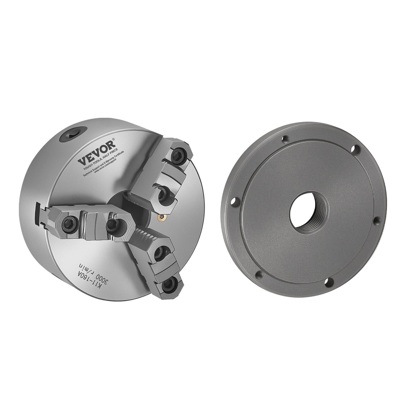 3-Jaw Lathe Chuck, 6 Inch (160 mm), Self-Centering Chuck with 1 1/2 in-8 Threaded Backing Plate, 0.12-5.71 in (3-145 mm) Clamping Range with T-wrench Screws, HT300 Material, for Wood Metal Lathe