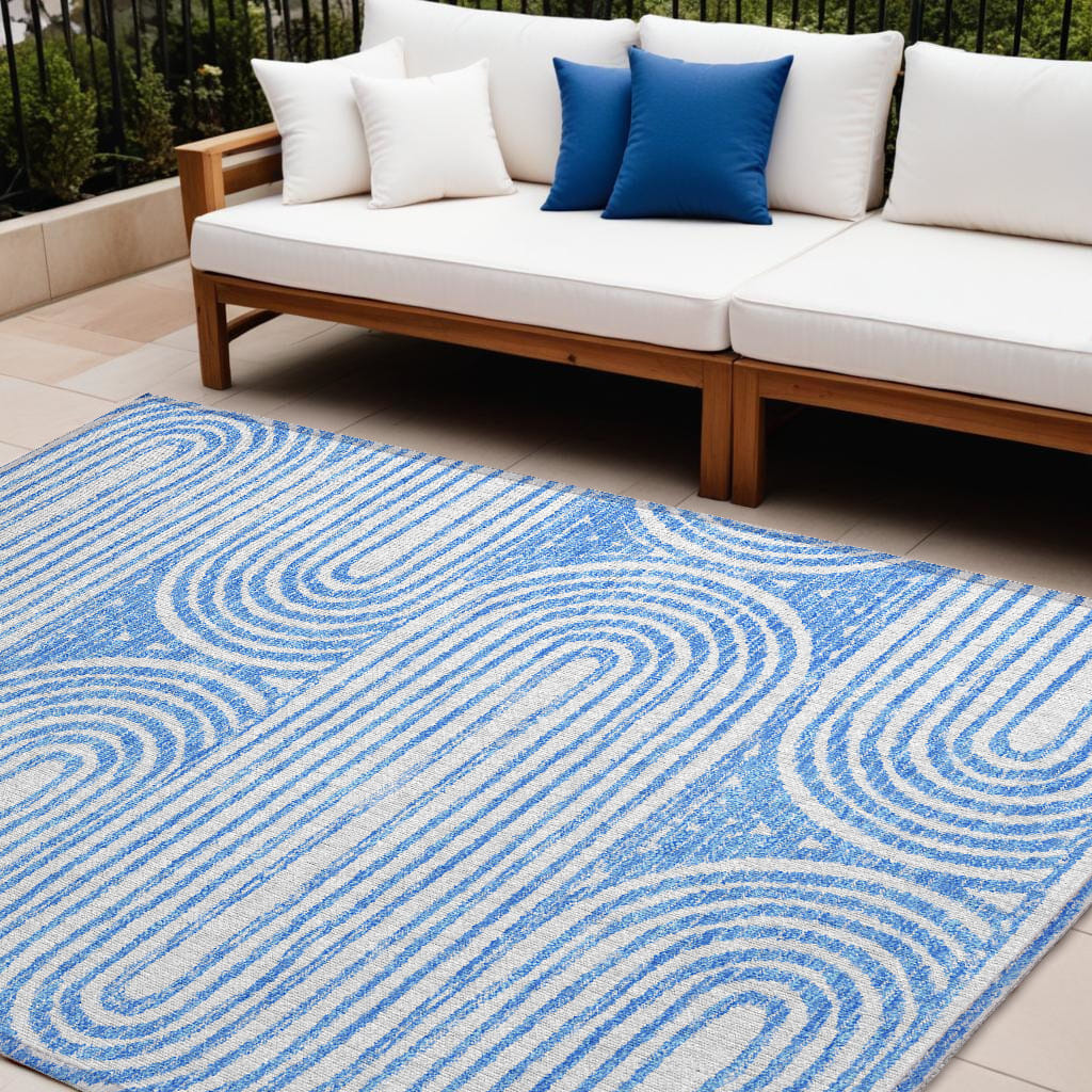 9' X 12' Blue and White Abstract Washable Non Skid Indoor Outdoor Area Rug