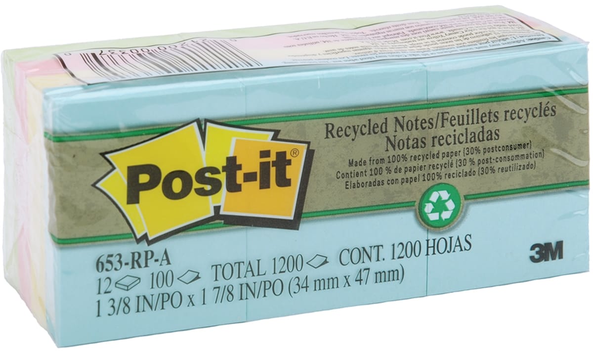 Post-It Recycled Notes 1.38X1.88 12/Pkg-Assorted Pastel Colors (Pack of 1)