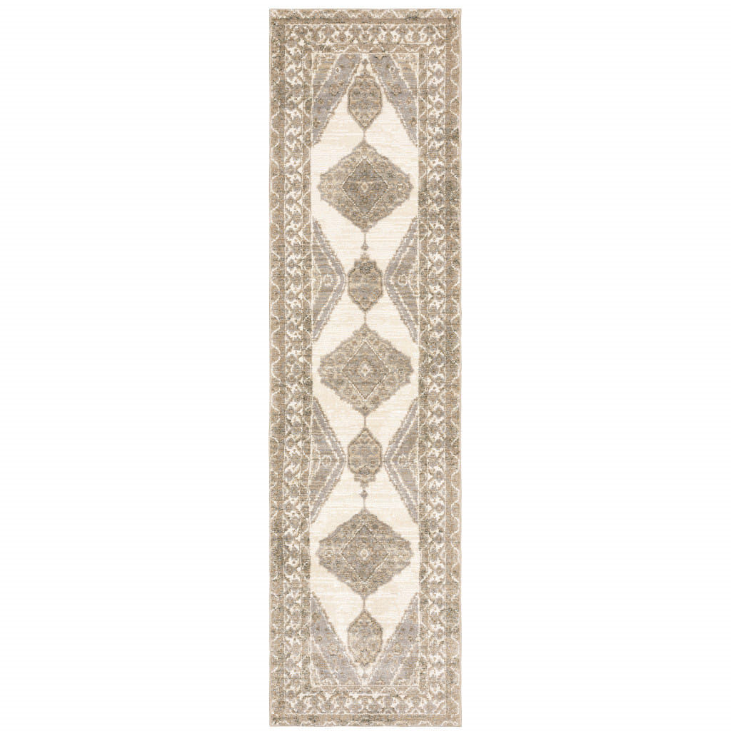 8' Runner Beige and Ivory Oriental Power Loom Runner Rug