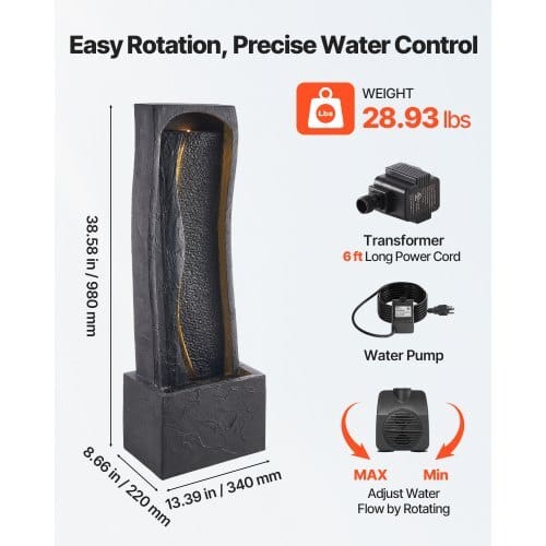 Outdoor Water Fountain, 38.58 in Height Fountain and Waterfall, 1-Tier Floor Standing Rock Base Style Fountains with with LED Light and Pump, for Outdoor Indoor Garden, Home, Patio & Backyard