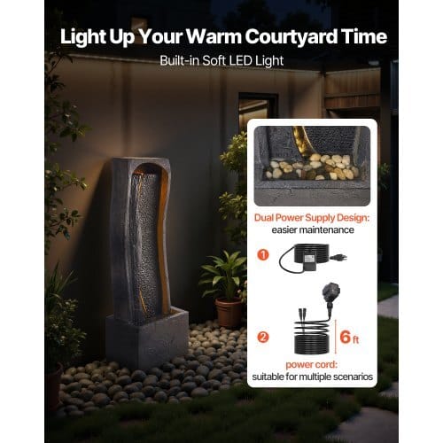 Outdoor Water Fountain, 38.58 in Height Fountain and Waterfall, 1-Tier Floor Standing Rock Base Style Fountains with with LED Light and Pump, for Outdoor Indoor Garden, Home, Patio & Backyard