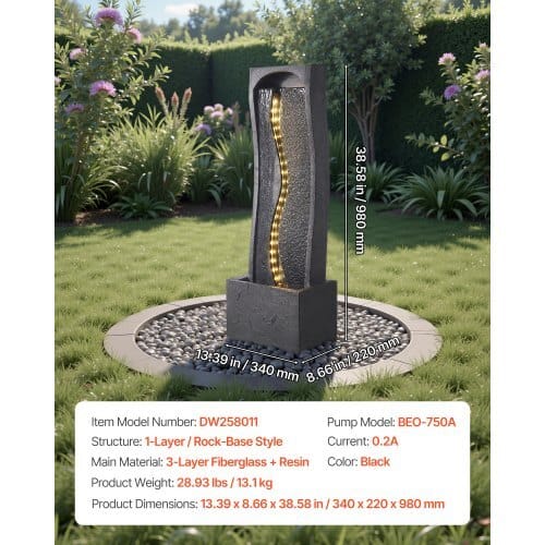 Outdoor Water Fountain, 38.58 in Height Fountain and Waterfall, 1-Tier Floor Standing Rock Base Style Fountains with with LED Light and Pump, for Outdoor Indoor Garden, Home, Patio & Backyard