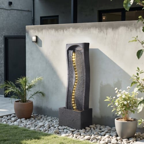 Outdoor Water Fountain, 38.58 in Height Fountain and Waterfall, 1-Tier Floor Standing Rock Base Style Fountains with with LED Light and Pump, for Outdoor Indoor Garden, Home, Patio & Backyard