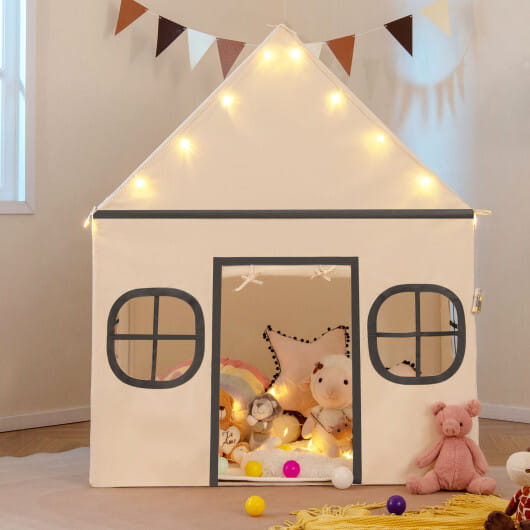 Kids Play Tent Large Playhouse with Door Curtain and Windows Star Lights-Coffee