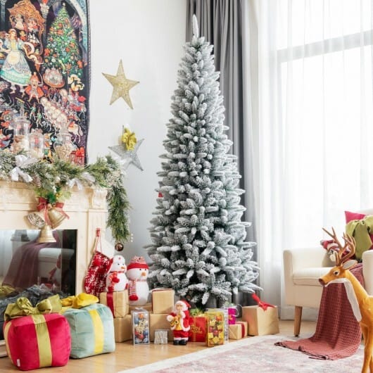 Snow-Flocked Hinged Artificial Christmas Pencil Tree with Mixed Tips-7.5 ft - Color: White - Size: 7.5 ft