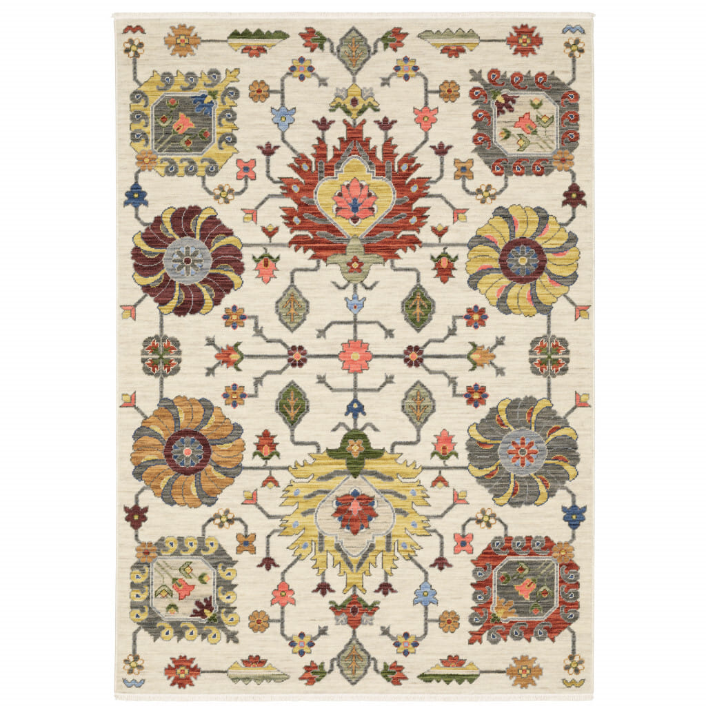 5' X 8' Ivory and Blue Oriental Power Loom Area Rug With Fringe