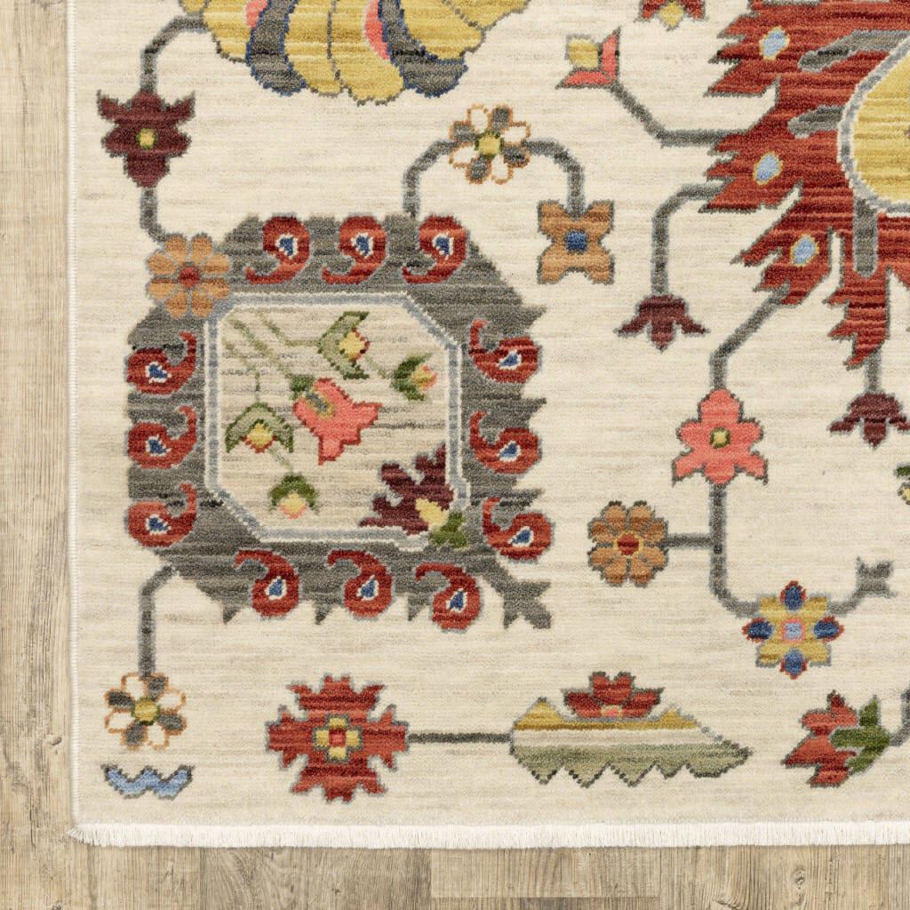 5' X 8' Ivory and Blue Oriental Power Loom Area Rug With Fringe