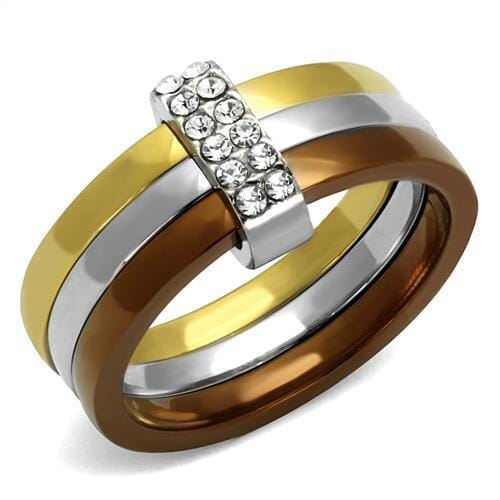TK2600 - Three Tone (IP Gold & IP Light coffee & High Polished) Stainless Steel Ring with Top Grade Crystal in Clear