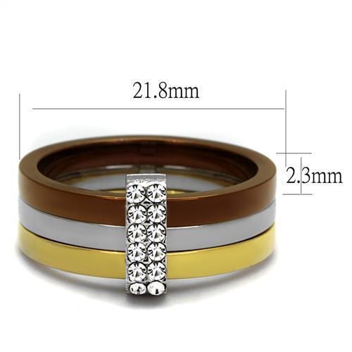 TK2600 - Three Tone (IP Gold & IP Light coffee & High Polished) Stainless Steel Ring with Top Grade Crystal in Clear
