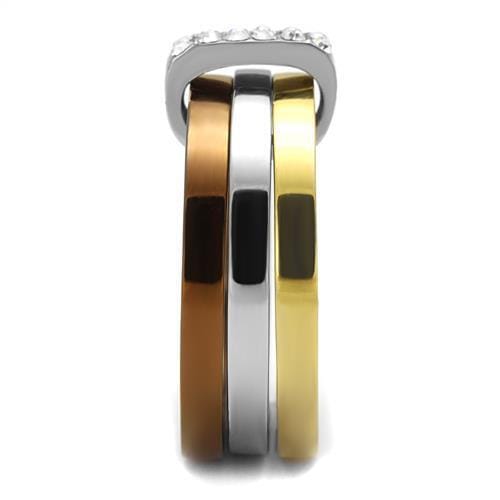 TK2600 - Three Tone (IP Gold & IP Light coffee & High Polished) Stainless Steel Ring with Top Grade Crystal in Clear