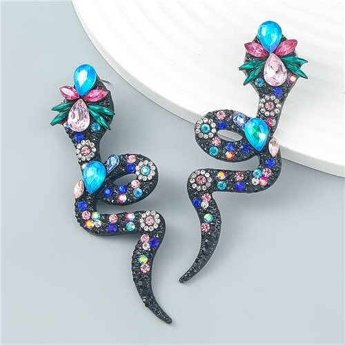 Bohemian Style Snake Shape Colorful Rhinestone Women Statement Wholesale Earrings - Blue