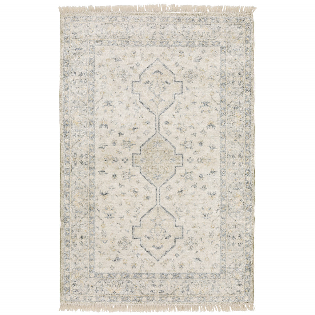 8' X 10' Beige And Charcoal Oriental Hand Loomed Stain Resistant Area Rug With Fringe