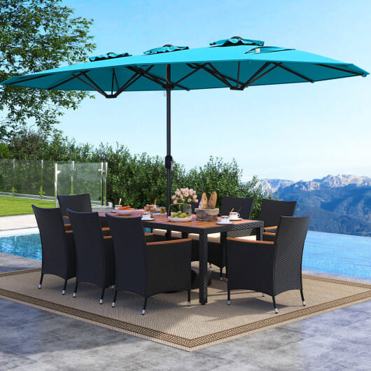 10 Piece Outdoor Dining Set with 15 Feet Double-Sided Twin Umbrella-Turquoise - Color: Turquoise