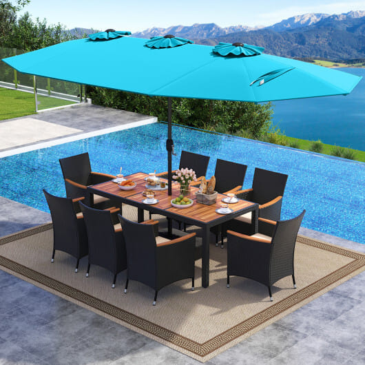 10 Piece Outdoor Dining Set with 15 Feet Double-Sided Twin Umbrella-Turquoise - Color: Turquoise
