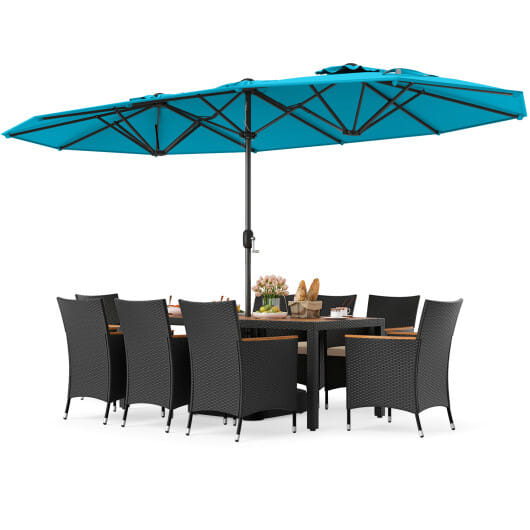 10 Piece Outdoor Dining Set with 15 Feet Double-Sided Twin Umbrella-Turquoise - Color: Turquoise