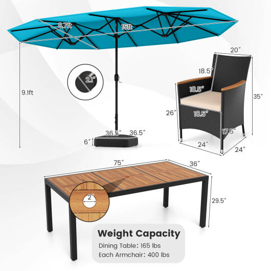 10 Piece Outdoor Dining Set with 15 Feet Double-Sided Twin Umbrella-Turquoise - Color: Turquoise
