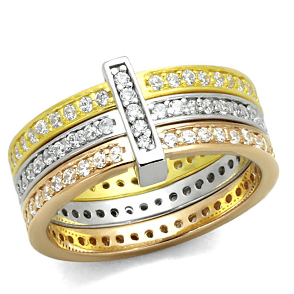 LOS811 - Rhodium + Gold + Rose Gold 925 Sterling Silver Ring with AAA Grade CZ in Clear