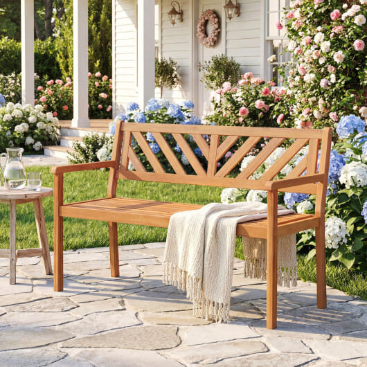 2-Person Patio Acacia Wood Garden Chair with Armrests and Backrest for Porch - Color: Teak
