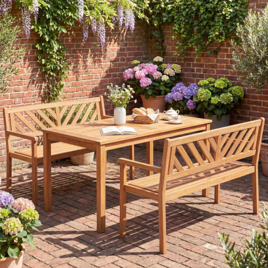 2-Person Patio Acacia Wood Garden Chair with Armrests and Backrest for Porch - Color: Teak