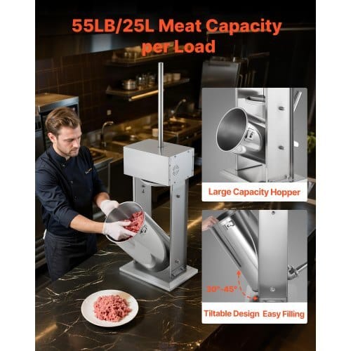 Electric Sausage Stuffer, 55 LBS / 25 L Vertical Meat Stuffer, Stepless Speed Control and Foot Pedal, Stainless Steel Heavy Duty Sausage Filler with 5 Stuffing Tubes, for Commercial & Home Use