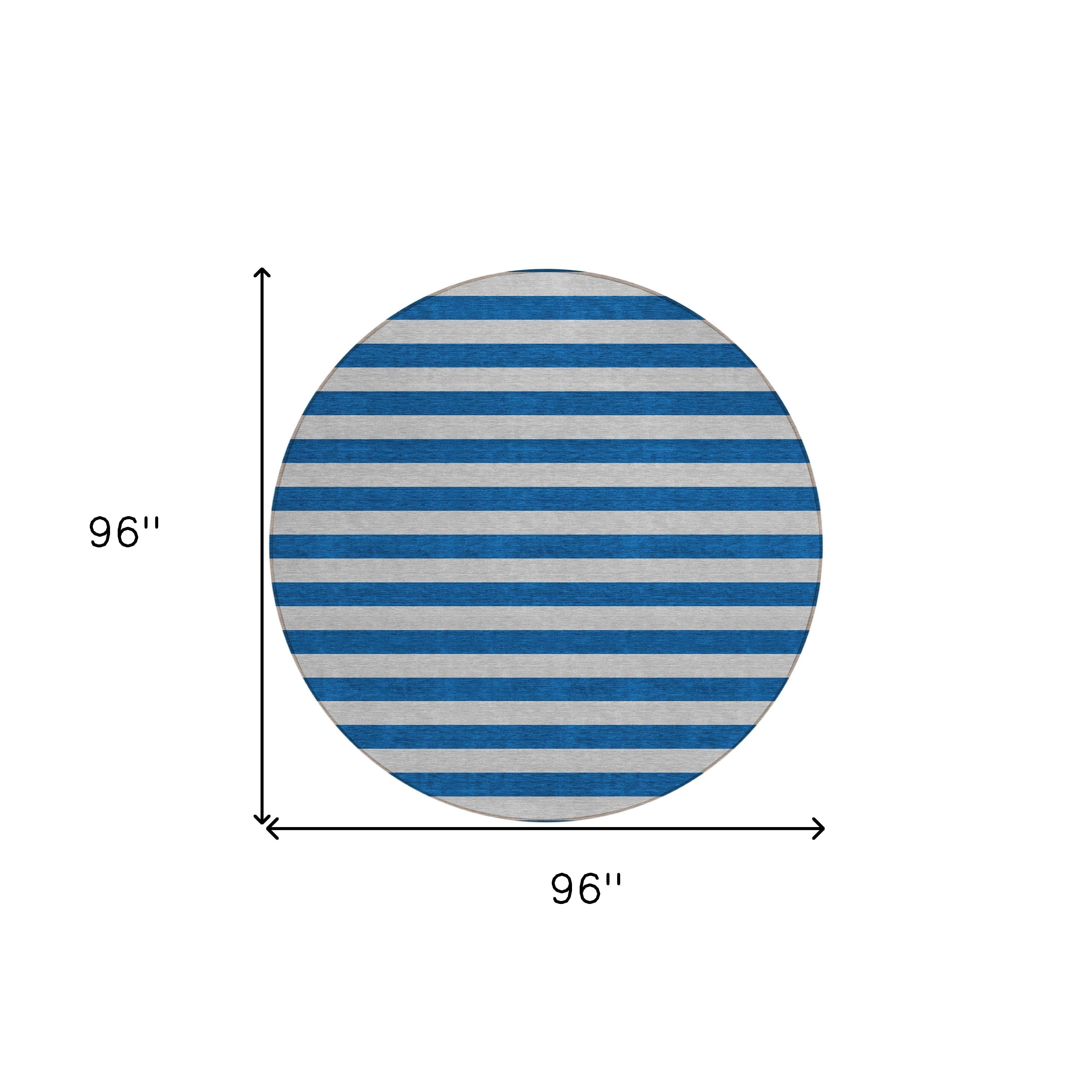 8' Round Blue and Ivory Round Striped Washable Non Skid Indoor Outdoor Area Rug