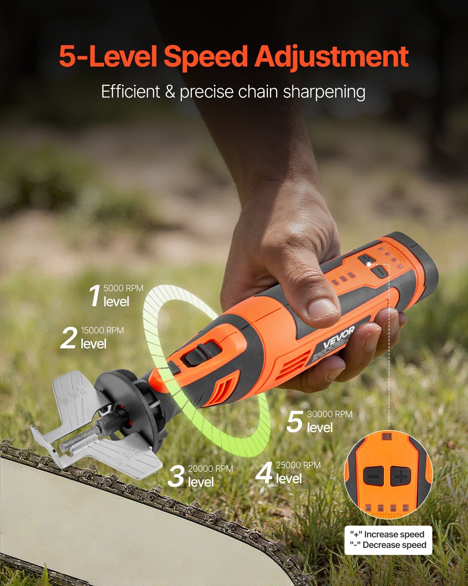 Cordless Chainsaw Sharpener, 5-Speed Adjustable Electric Saw Chain Sharpener 5000-30000 RPM, Rechargeable Handheld Chainsaw Sharpening Tool with 4 Sharpening Heads & Angle Guide Attachment