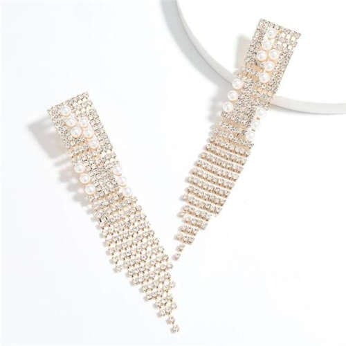 Unique Design Long Tassel High Fashion Rhinestone Women Evening Earrings - Golden