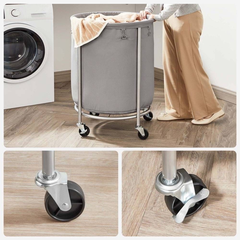Round 45-Gallon Laundry Basket Hamper with Grey Fabric Bag Steel Frame on Wheels