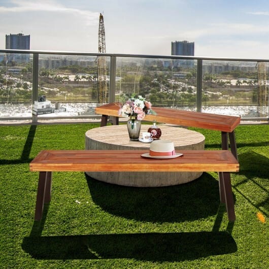 Set of 2 Patio Acacia Wood Dining Benches